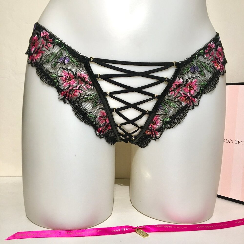 RARE VS Black Floral Crotchless Lace Up Open Panty M NWT